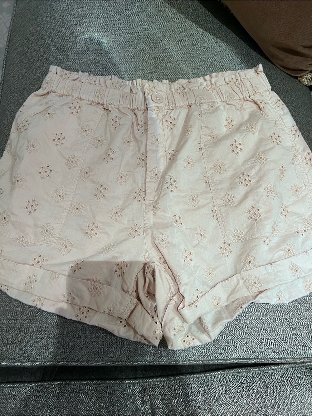 Women's Eyelet Elastic Waist Shorts - Light Peach color